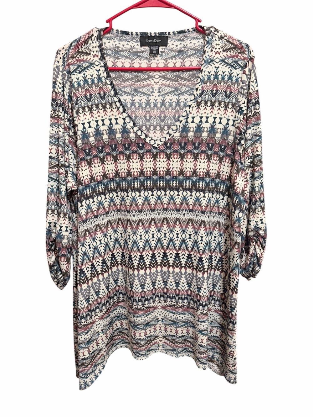 Karen Kane V-Neck Tunic in Blue, Cream & Pink Geometric Print